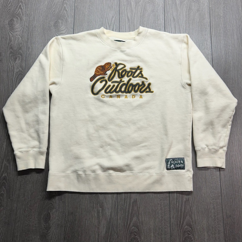 Roots Outdoors Canada Beaver Logo Medium Crewneck Sweatshirt Cream Mens